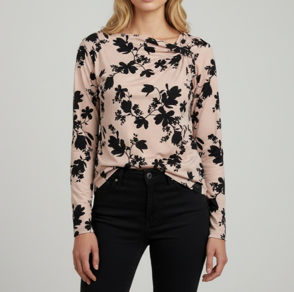 Liz Claiborne Women's XS Blush Pink Black Floral Blouse Draped Neck Long Sleeve